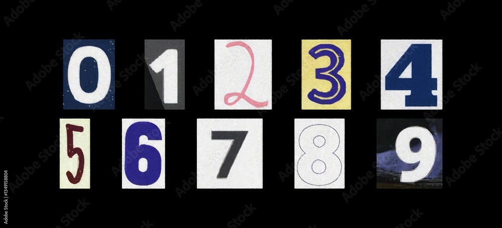 Poster isolated numbers cutout from magazines, retro style colorful set on black background