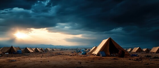 A desolate landscape featuring tents under a dramatic sky illuminated by sunlight breaking through dark clouds.