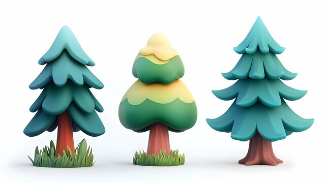 Stylized 3D Render of Three Green Pine Trees on White Background