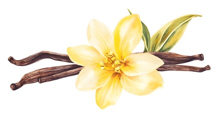 Elegant Watercolor Illustration of Yellow Vanilla Flower and Dried Beans for Designs