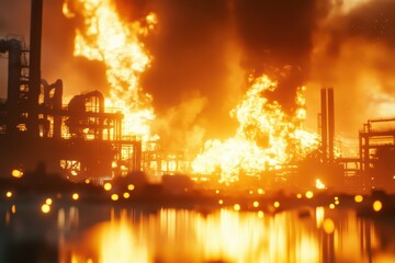 A fiery industrial scene depicting flames engulfing structures, reflecting on water, showcasing a dramatic and intense atmosphere.