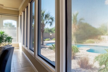 Bright and Serene View of Pool Area Through Window Screens in Home