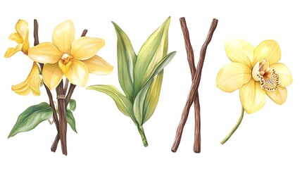 Fototapeta premium Elegant Watercolor Yellow Vanilla Flowers and Dried Sticks Design Element