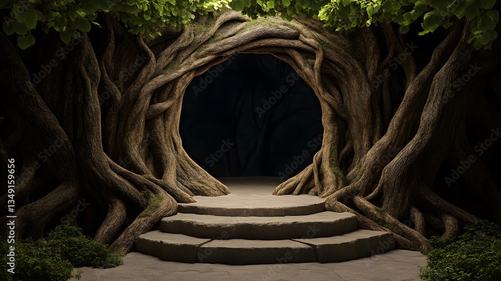 Poster a podium constructed from massive tree roots, set deep within an ancient enchanted forest.