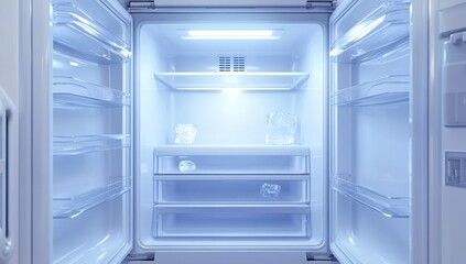 Empty Refrigerator Interior: Gleaming Cleanliness and Cool Blue Light
