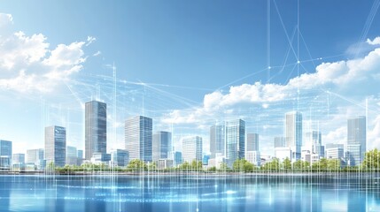 Fototapeta premium Futuristic city skyline, digital network, clear sky, tranquil water, background image, for use in presentations, brochures, or websites