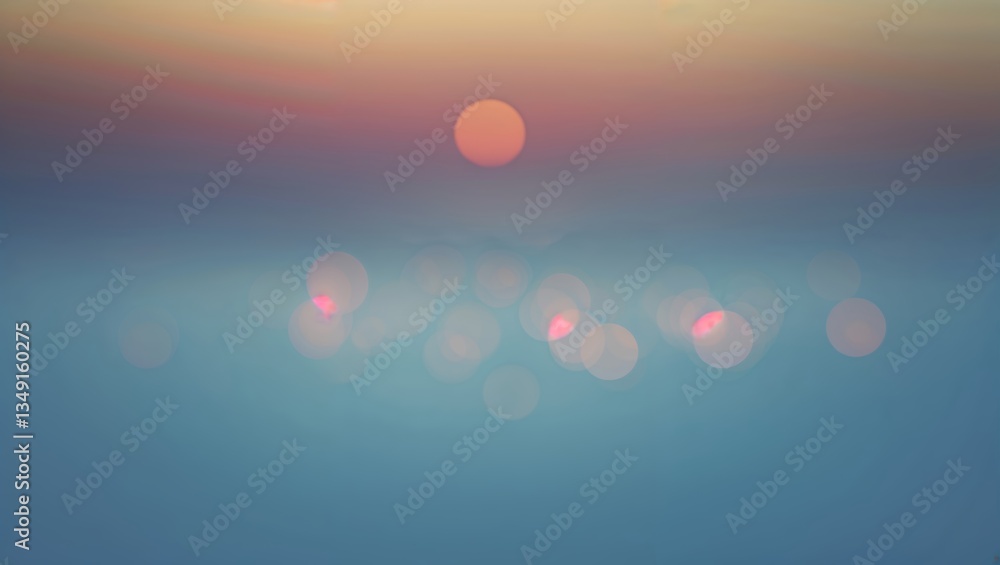 Poster beautiful sunset creates colorful bokeh effect over water at twilight with soft hues and gentle refl