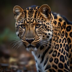 Naklejka premium Close-up of a magnificent leopard, showcasing its intricate markings and intense gaze