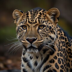 Obraz premium Close-up of a majestic leopard. A portrait capturing the wild beauty of a leopard, showcasing its distinctive spots and sharp features