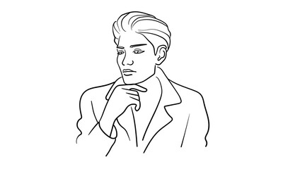 Man is a narcissist, admires himself on white background. Line art drawing. Guy asian model. Vector illustration