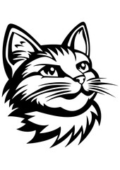 Obraz premium Black and white vector illustration of a cute cartoon cat. Perfect for engraving, laser cutting, tattoo design, logo, line art, and vector sketches. Ideal for pet and animal-themed projects.