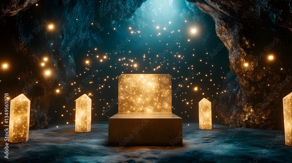 Poster a podium built from shimmering crystals, surrounded by floating pollen-like lights in a hidden cave.