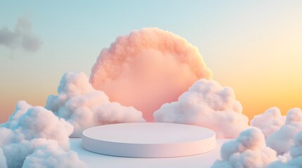 A podium woven from soft white clouds, floating high above a dreamy, pastel-colored sky