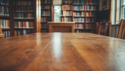 Wooden Table in a Library: A Study in Warmth and Knowledge