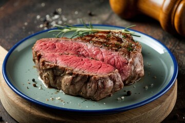 Delicious lean sirloin steak served on a blue plate with fresh herbs and seasoning for an appetizing meal