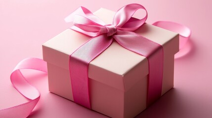 Fototapeta premium A soft pink gift box with a pastel pink ribbon, minimalist style, isolated on a gradient pink background, sharp details, perfect lighting
