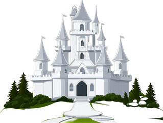 Fototapeta premium White Castle Illustration With Green Trees And Pathway On A Transparent Background A Fairytale Fantasy Architecture Design With Geometric Shapes And Silhouette Style