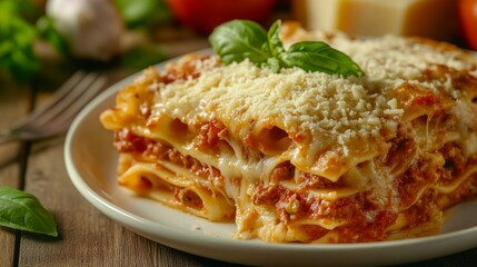 Fototapeta premium A delicious serving of lasagna, perfectly layered with pasta, meat sauce, and cheese. Garnished with fresh basil.