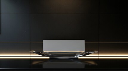 High end perfume display mockup featuring blank glass pedestal with soft lighting