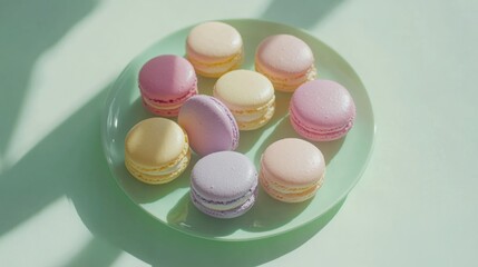 Obraz premium Pastel-colored macarons arranged on a mint green plate, bathed in soft sunlight. A delightful treat!