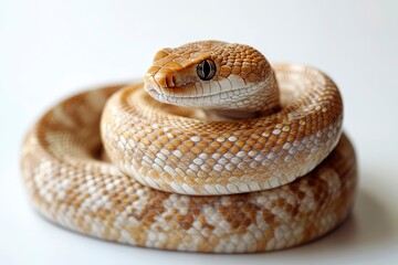 Fototapeta premium Coiled Snake Close Up on White Background Wildlife Animal Portrait