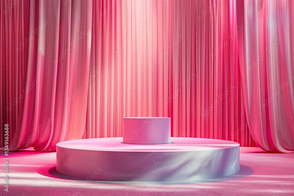 Poster pink studio stage platform with empty white podium for product display in spotlight abstract scene