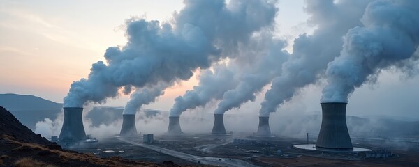 Geothermal energy station with extensive steam clouds in volcanic landscape. Renewable energy tech facility provides clean sustainable power. Steam rising from cooling towers at sunset. Eco-friendly