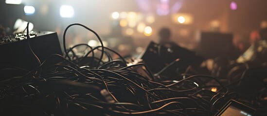 Tangled Black Cables and Wires on a Dark Stage During a Concert
