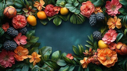 Floral Border Arrangement Featuring Assorted Fruits Berries and Decorative Flowers on Dark