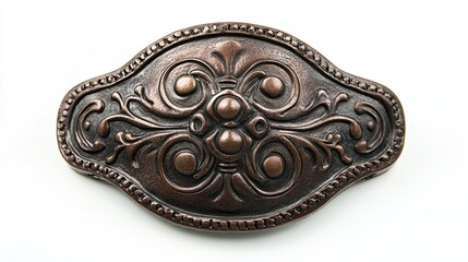 Antique bronze metal belt buckle with ornate floral design.
