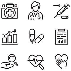 Healthcare of web icons in line style. Medicine and Health Care linear icon collection. Containing emergency, doctor, treatment, medical, report, diagnosis, health, prevention.