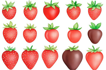 Watercolor Illustration Of Red Strawberries With Green Leaves on Transparent Background Realistic Fresh Fruits Isolated Food Background