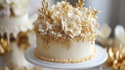 Fototapeta premium Elegant ivory cake adorned with gold floral decorations. Delicate, sculpted flowers and leaves. A beautiful, sophisticated dessert