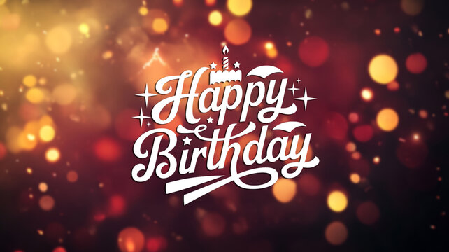 Happy Birthday typography in gold calligraphy with glowing highlights over a warm blurred bokeh background in red and gold tones, creating a festive celebration banner.

