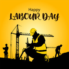 Happy Labour Day Poster – Workers on Construction Site with Tower Cranes and Safety Equipment, Perfect for May Day, Workers' Rights Awareness, and Industrial Appreciation Banners