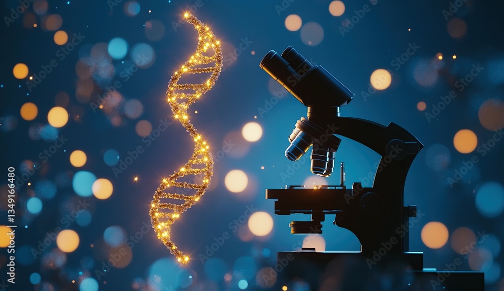 Poster glowing dna helix and microscope in blue bokeh background