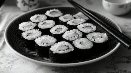A plate of maki sushi, beautifully arranged and ready to be enjoyed. The monochrome palette emphasizes the textures and shapes.