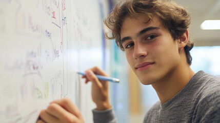A student concentrates on writing ideas on a whiteboard during a brainstorming session in a university classroom. The focus is on collaboration and creativity in a learning environment.