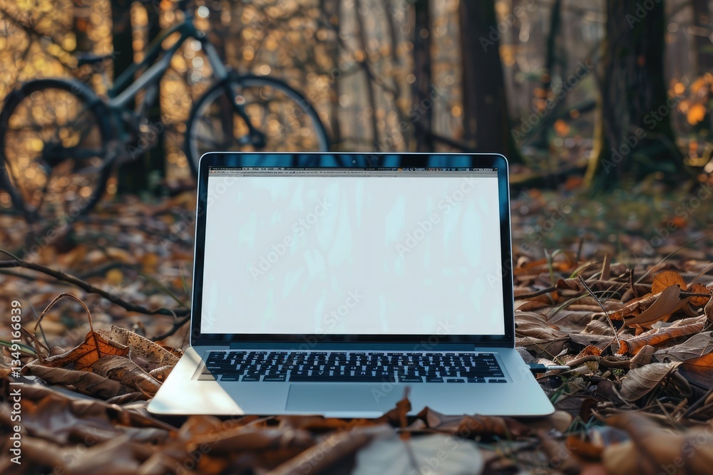Poster modern laptop mockup working remotely in the forest with a bicycle in the background
