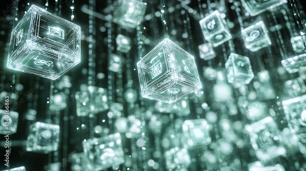 Poster abstract digital data cubes, glowing teal, suspended in a dark space. ideal for tech, ai, network, a