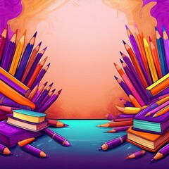 Fototapeta premium border frame of pencils and notebooks background with copy space graphic resource