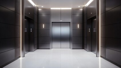 Modern Elevator Lobby Design: Sleek Stainless Steel Doors, Dark Paneling, Bright Lighting, Contemporary Architecture, Luxurious Interior