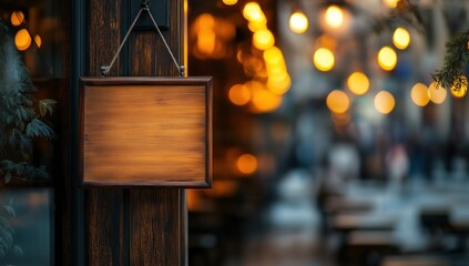 Blank Wooden Sign Hanging on a Rustic Door in a Cozy, Festive Street Setting