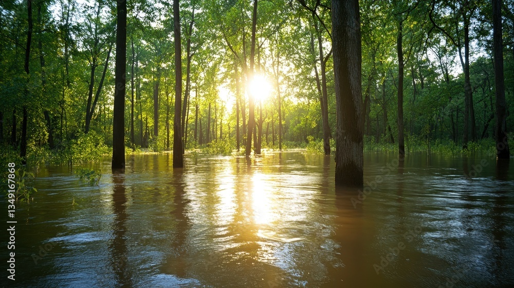 Poster a serene landscape featuring trees partially submerged in water, with sunlight filtering through, cr