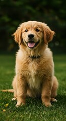Obraz premium Golden Retriever Puppy Sitting on Green Grass – Adorable Fluffy Dog