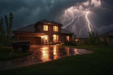 Bright flashes of lightning create a haunting atmosphere in the neighborhood. 