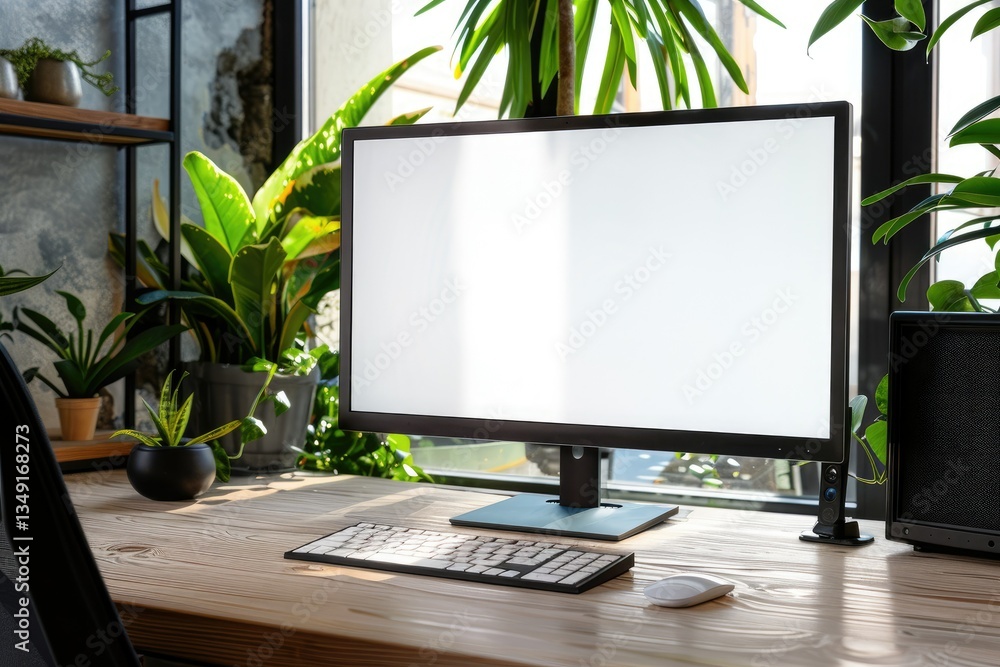 Poster office desk scenery with mockup blank screen laptop computer workspace minimal