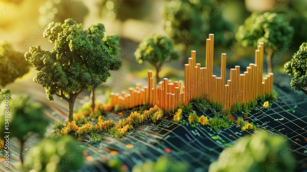 Leinwandbilder Miniature forest scene with a rising graph overlaid on a data visualization background, symbolizing environmental growth and sustainability.