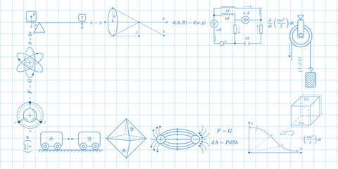 School background in physics and mathematics .Formulas and drawings. Scientific research. Vector , illustration.