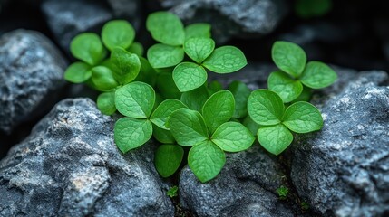 Green sprouts on dark stones